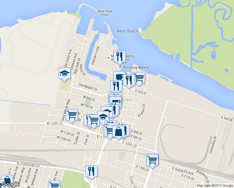 map of restaurants, bars, coffee shops, grocery stores, and more near 420 Railroad Avenue in Pittsburg