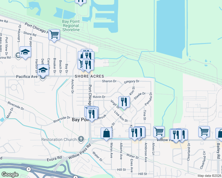 map of restaurants, bars, coffee shops, grocery stores, and more near 147 Sharon Pl in Bay Point