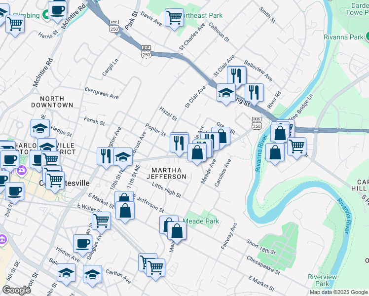 map of restaurants, bars, coffee shops, grocery stores, and more near 1310 Poplar Street in Charlottesville