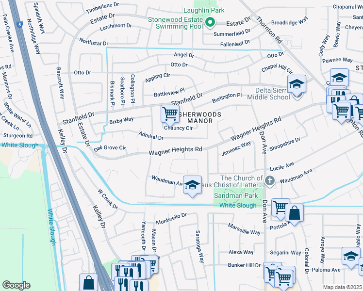 map of restaurants, bars, coffee shops, grocery stores, and more near 3027 Wagner Heights Road in Stockton