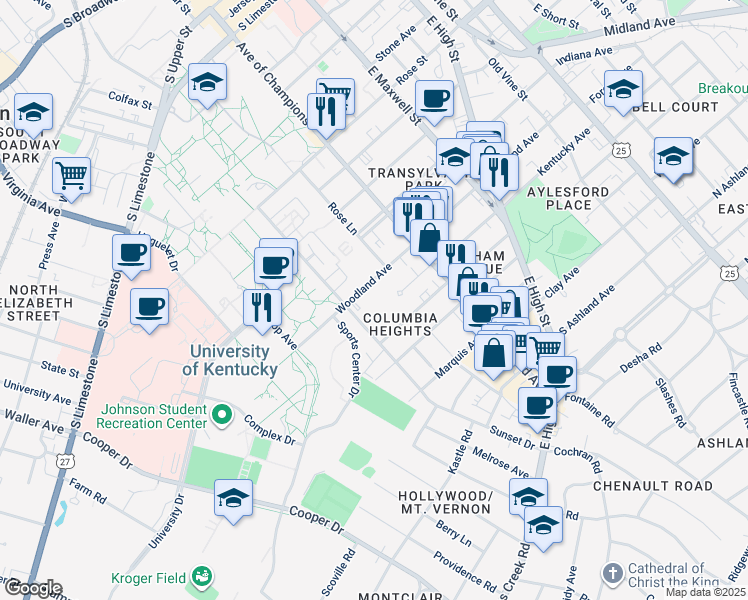 map of restaurants, bars, coffee shops, grocery stores, and more near 560 Woodland Avenue in Lexington