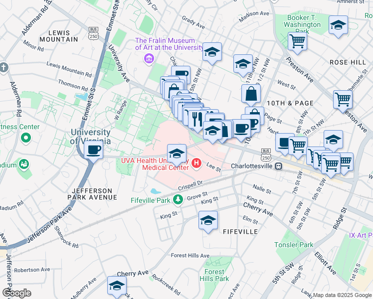 map of restaurants, bars, coffee shops, grocery stores, and more near 1222 Jeff Park Ave-park Pl in Charlottesville