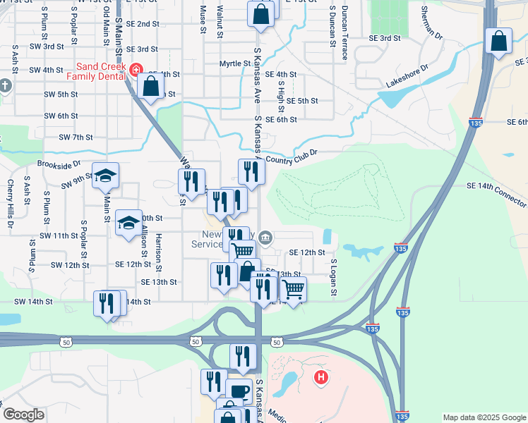 map of restaurants, bars, coffee shops, grocery stores, and more near 1000 South Kansas Avenue in Newton