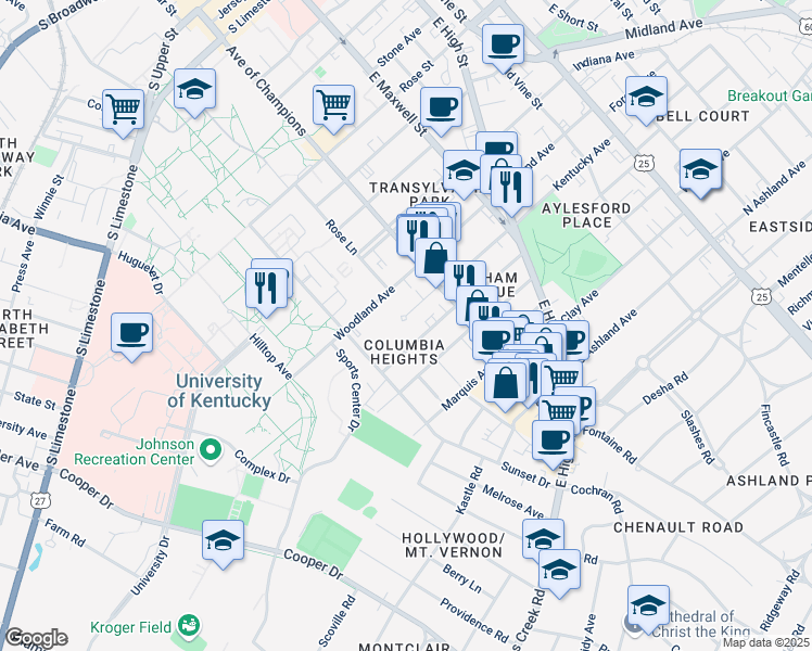 map of restaurants, bars, coffee shops, grocery stores, and more near 430 Kentucky Court in Lexington