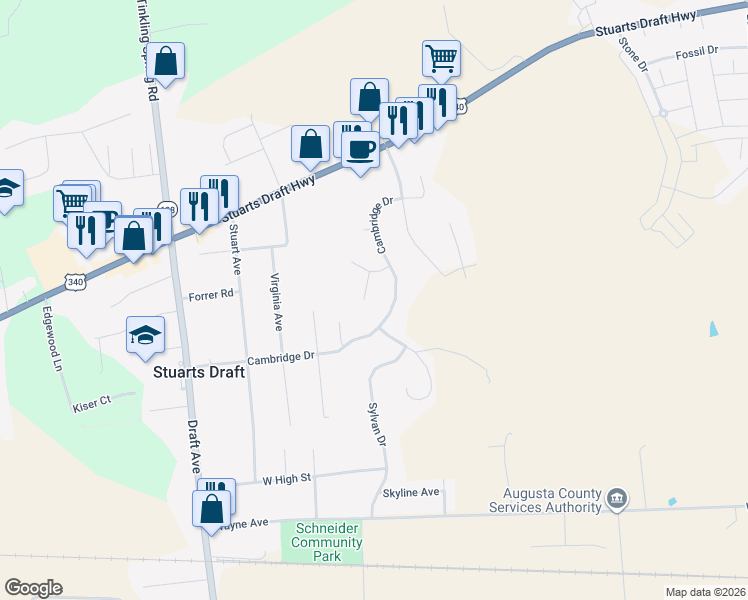 map of restaurants, bars, coffee shops, grocery stores, and more near 24 Brighton Court in Stuarts Draft