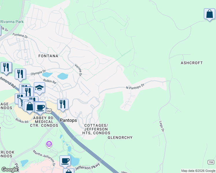 map of restaurants, bars, coffee shops, grocery stores, and more near 1880-1900 North Pantops Drive in Charlottesville