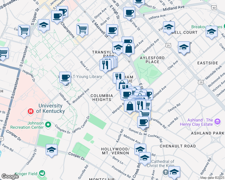 map of restaurants, bars, coffee shops, grocery stores, and more near 426 Oldham Avenue in Lexington