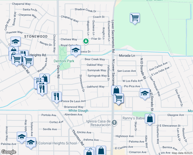map of restaurants, bars, coffee shops, grocery stores, and more near 1014 Springoak Way in Stockton