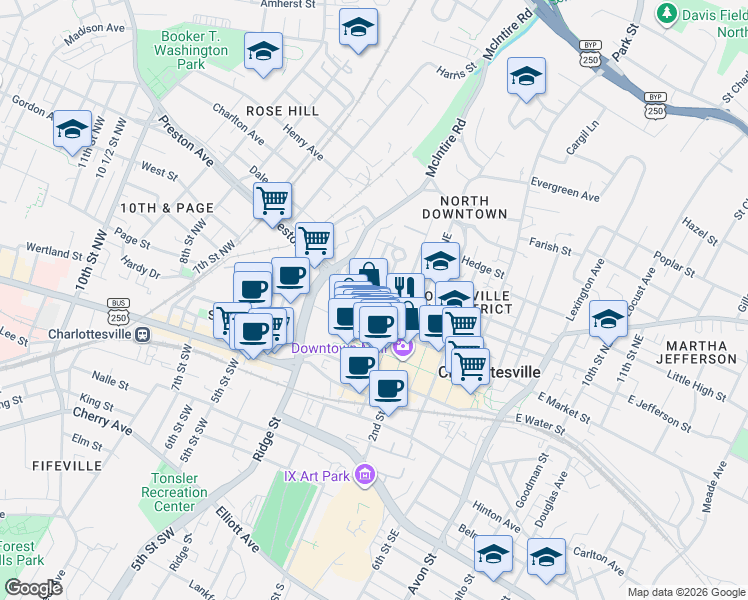 map of restaurants, bars, coffee shops, grocery stores, and more near 116 West Jefferson Street in Charlottesville