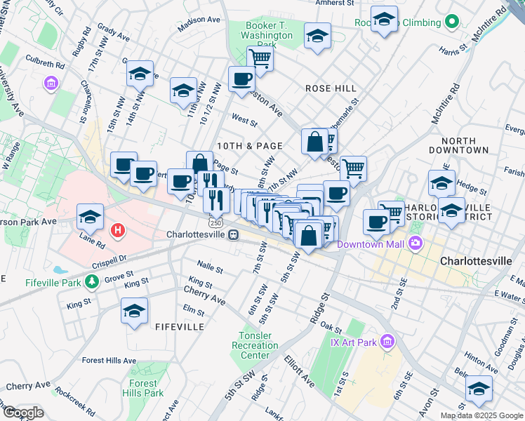 map of restaurants, bars, coffee shops, grocery stores, and more near 112 8th Street Northwest in Charlottesville
