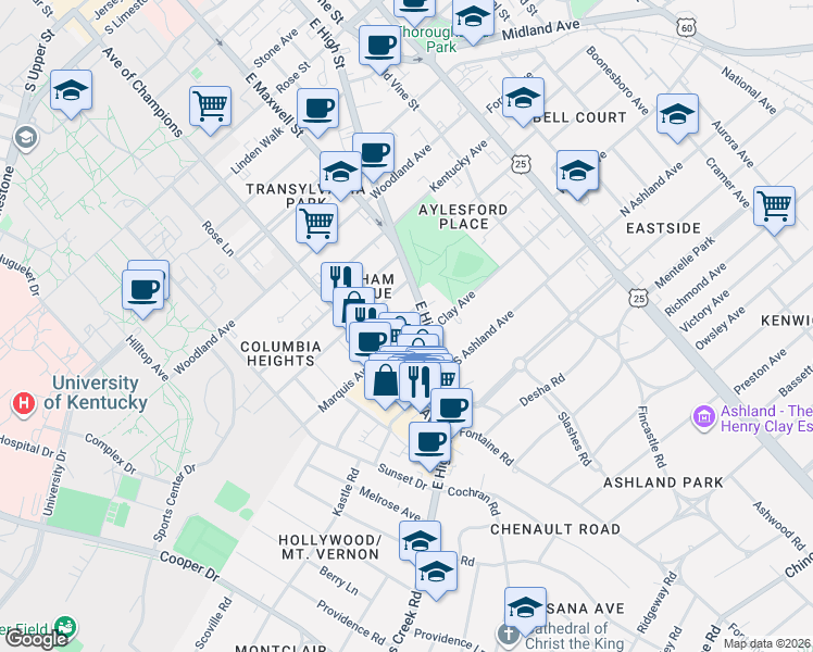 map of restaurants, bars, coffee shops, grocery stores, and more near 326 Lafayette Avenue in Lexington