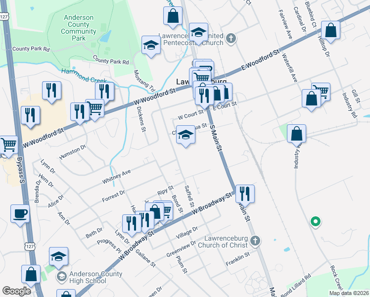 map of restaurants, bars, coffee shops, grocery stores, and more near 210 Saffell Street in Lawrenceburg