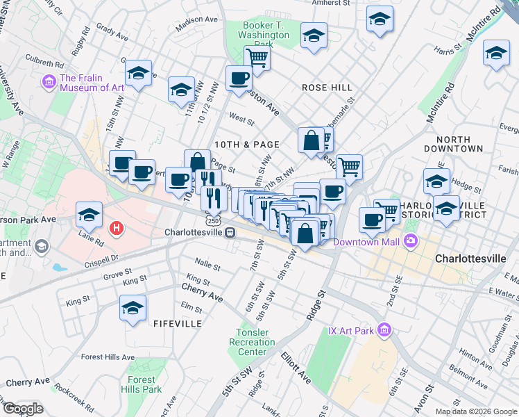 map of restaurants, bars, coffee shops, grocery stores, and more near 211 Cream Street in Charlottesville