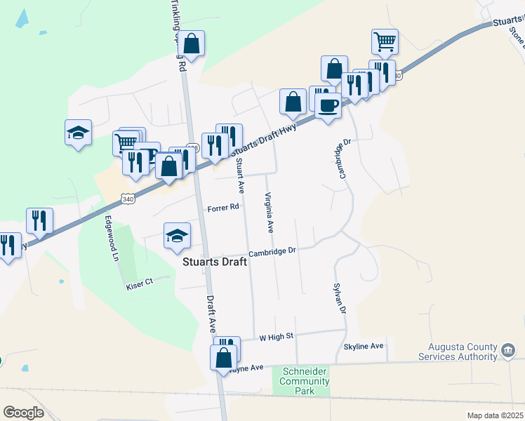 map of restaurants, bars, coffee shops, grocery stores, and more near 49 Virginia Avenue in Stuarts Draft