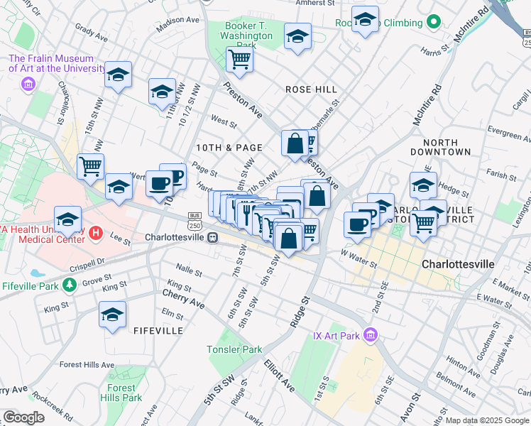 map of restaurants, bars, coffee shops, grocery stores, and more near 609 Brown Street in Charlottesville