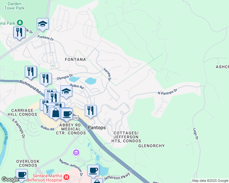 map of restaurants, bars, coffee shops, grocery stores, and more near Winthrop Drive in Charlottesville