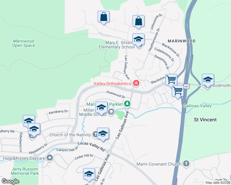 map of restaurants, bars, coffee shops, grocery stores, and more near 380 Pinewood Drive in San Rafael