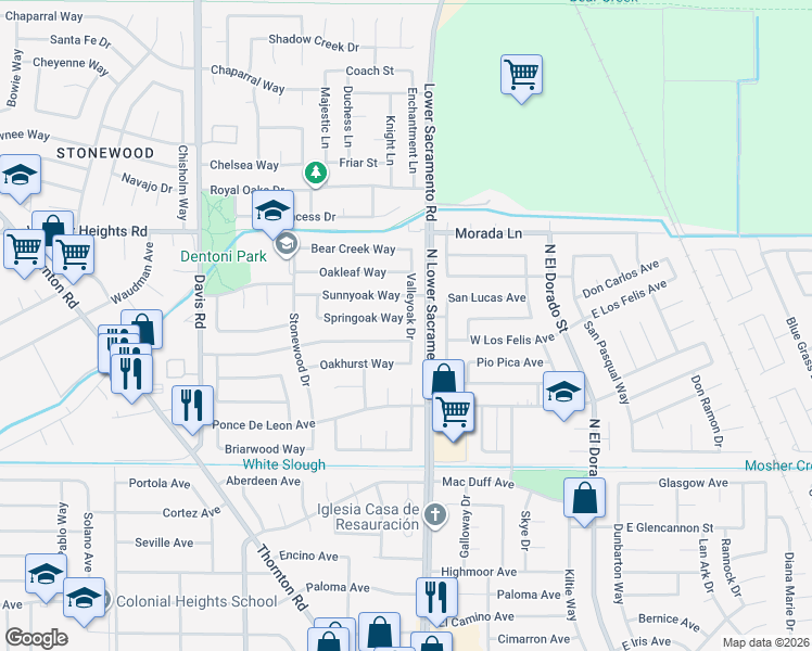 map of restaurants, bars, coffee shops, grocery stores, and more near 8918 Valley Oak Drive in Stockton