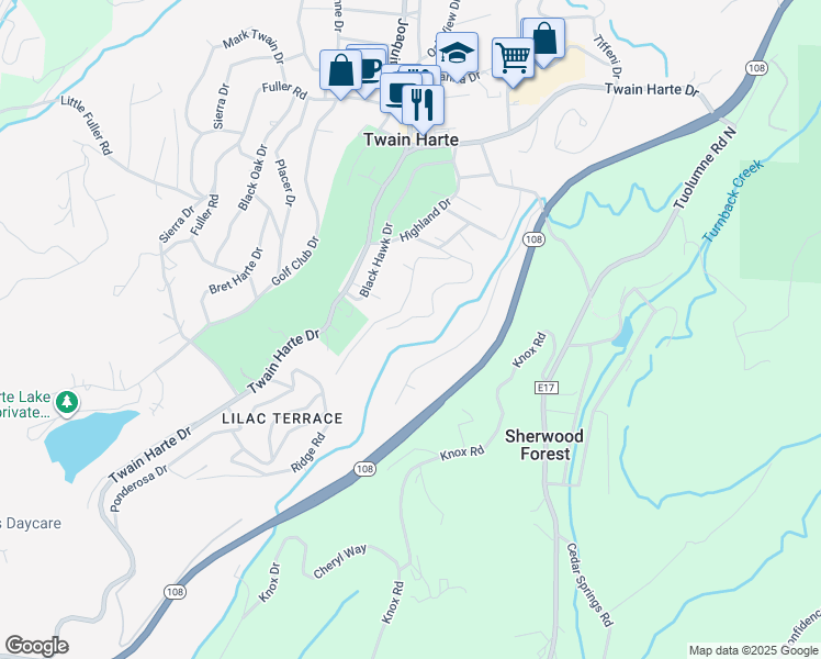 map of restaurants, bars, coffee shops, grocery stores, and more near 22645 Tamarack Drive in Twain Harte