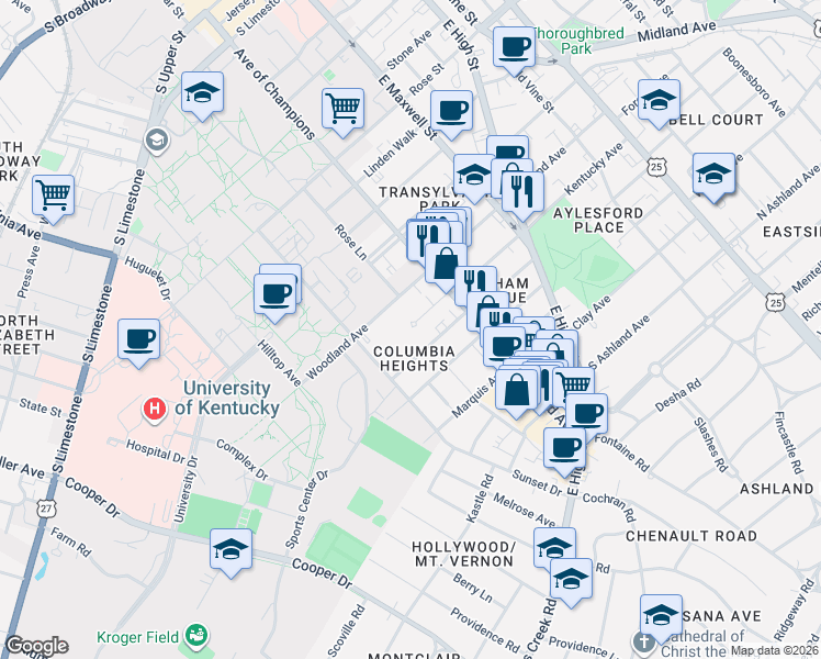 map of restaurants, bars, coffee shops, grocery stores, and more near 430 Kentucky Court in Lexington