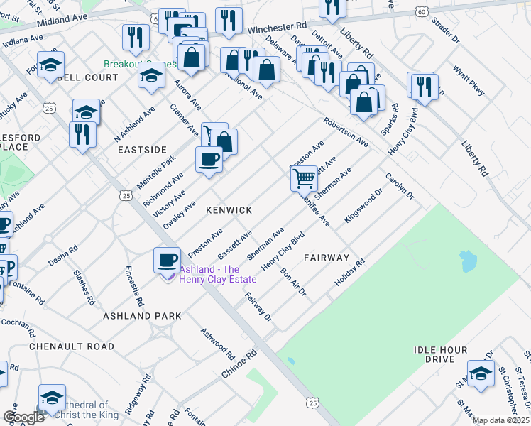 map of restaurants, bars, coffee shops, grocery stores, and more near 227 Bassett Avenue in Lexington