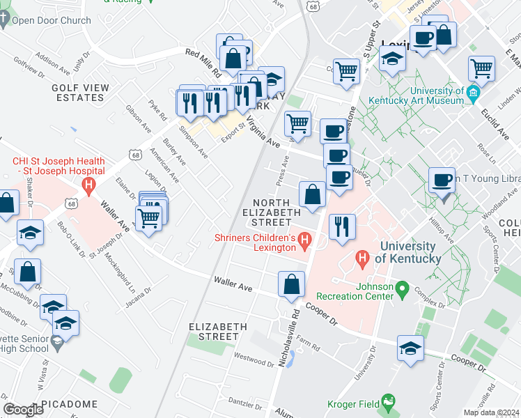 map of restaurants, bars, coffee shops, grocery stores, and more near 213 Transcript Avenue in Lexington