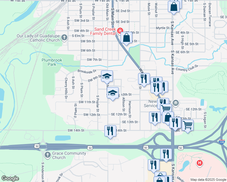 map of restaurants, bars, coffee shops, grocery stores, and more near 900 Old Main Street in Newton