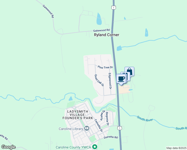 map of restaurants, bars, coffee shops, grocery stores, and more near 2530 Quail Oak Drive in Ruther Glen