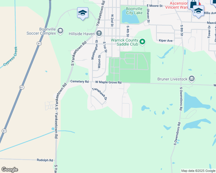 map of restaurants, bars, coffee shops, grocery stores, and more near 22 Bannerstone Drive in Boonville