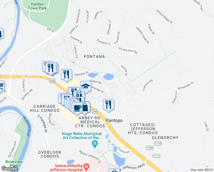 map of restaurants, bars, coffee shops, grocery stores, and more near 464 Rolkin Road in Charlottesville