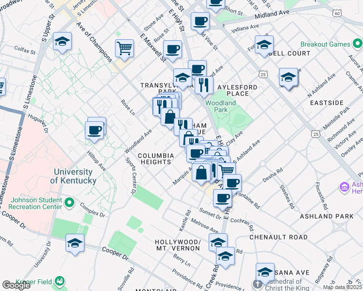 map of restaurants, bars, coffee shops, grocery stores, and more near 550 Euclid Avenue in Lexington