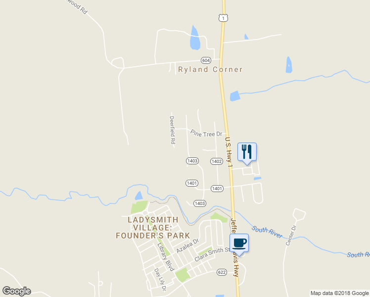 map of restaurants, bars, coffee shops, grocery stores, and more near 2530 Quail Oak Drive in Ruther Glen