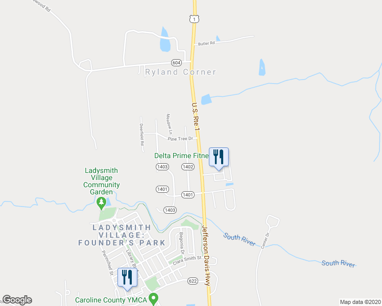 map of restaurants, bars, coffee shops, grocery stores, and more near 2523 Edgewood Drive in Ruther Glen