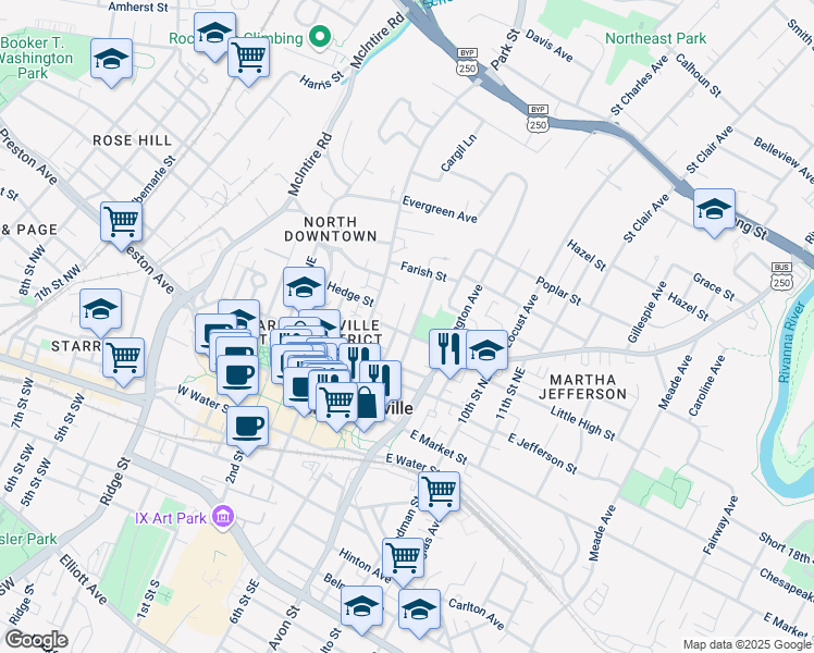 map of restaurants, bars, coffee shops, grocery stores, and more near 425 7th Street Northeast in Charlottesville