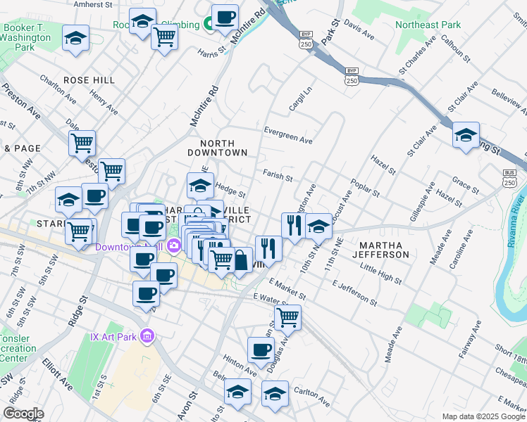 map of restaurants, bars, coffee shops, grocery stores, and more near 425 7th Street Northeast in Charlottesville