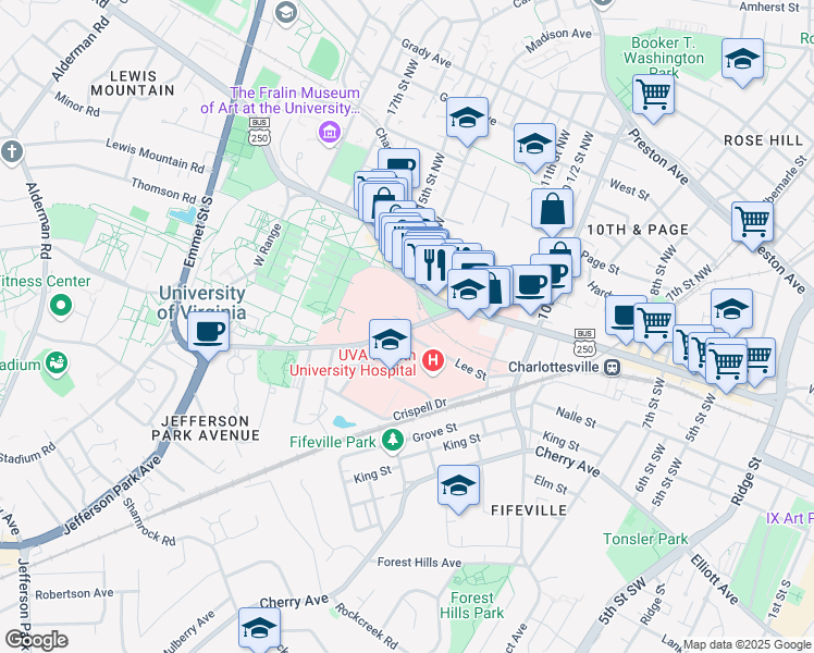 map of restaurants, bars, coffee shops, grocery stores, and more near 1222 Jeff Park Ave-park Pl in Charlottesville