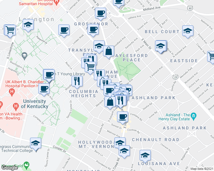 map of restaurants, bars, coffee shops, grocery stores, and more near 378 Park Avenue in Lexington