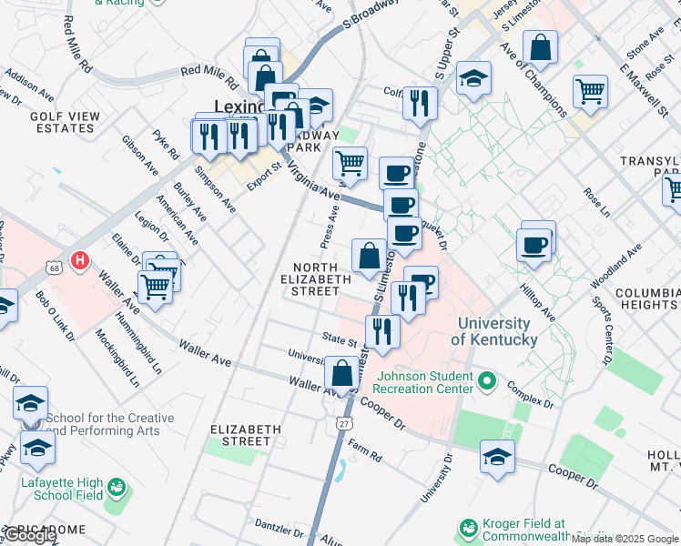 map of restaurants, bars, coffee shops, grocery stores, and more near 163 Transcript Avenue in Lexington
