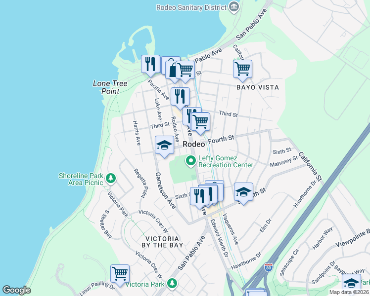 map of restaurants, bars, coffee shops, grocery stores, and more near 407 Rodeo Avenue in Rodeo