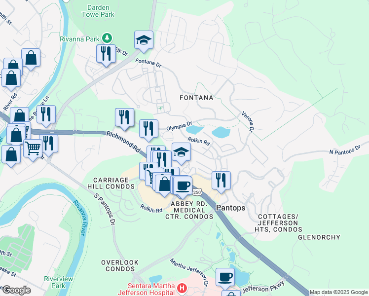 map of restaurants, bars, coffee shops, grocery stores, and more near 1991 Asheville Drive in Charlottesville