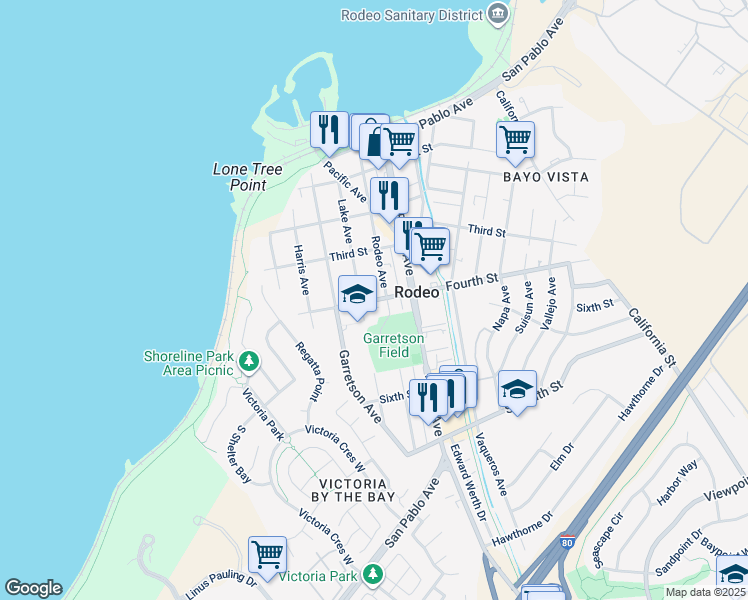 map of restaurants, bars, coffee shops, grocery stores, and more near 414 Fourth Street in Rodeo