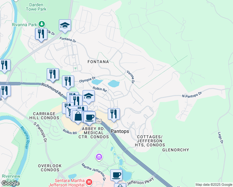 map of restaurants, bars, coffee shops, grocery stores, and more near 2029 Verona Court in Charlottesville