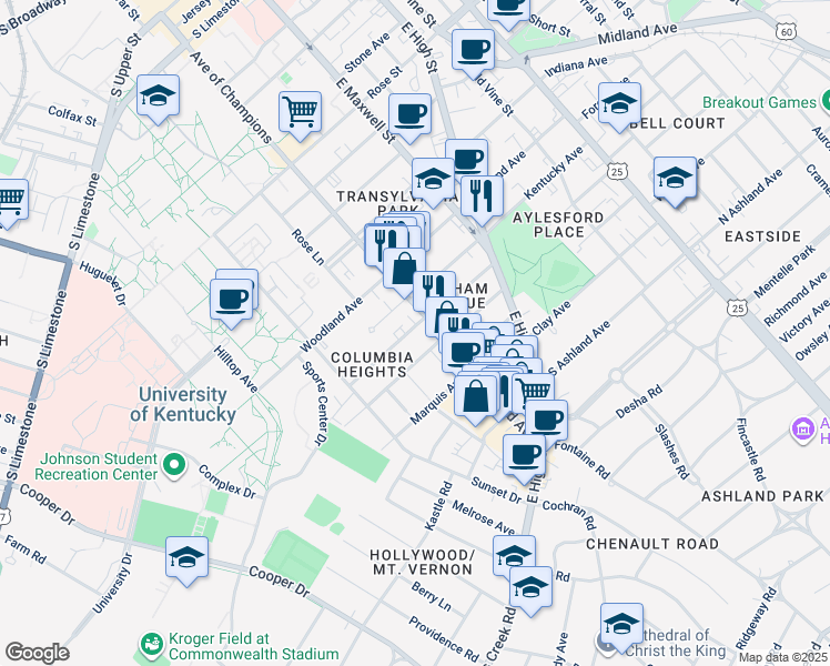 map of restaurants, bars, coffee shops, grocery stores, and more near 426 Oldham Avenue in Lexington