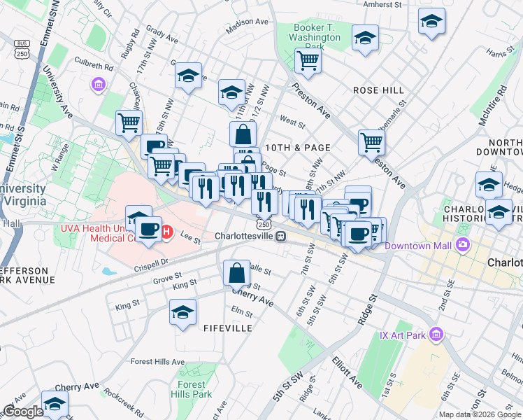 map of restaurants, bars, coffee shops, grocery stores, and more near 853 West Main Street in Charlottesville