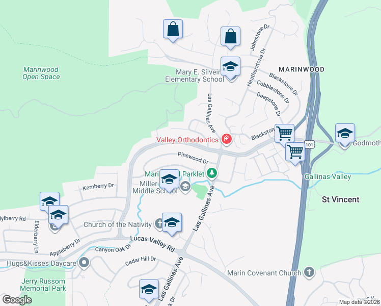 map of restaurants, bars, coffee shops, grocery stores, and more near 380 Pinewood Drive in San Rafael