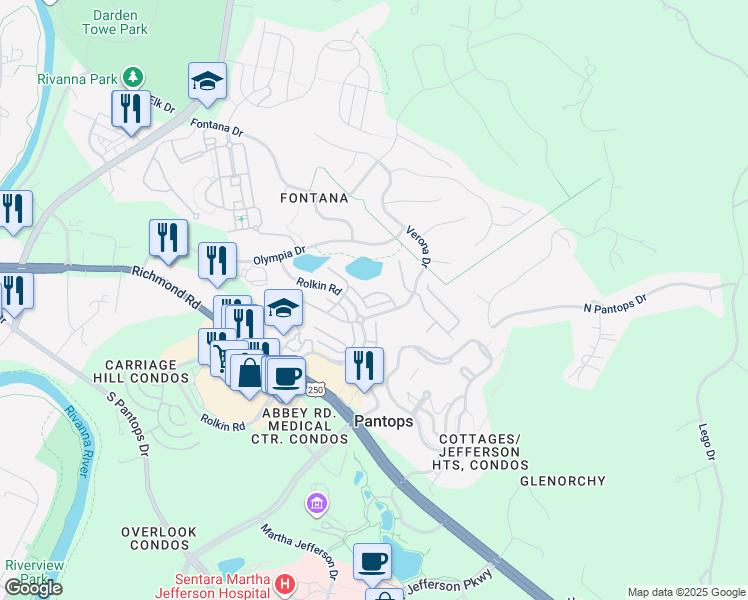 map of restaurants, bars, coffee shops, grocery stores, and more near 2027 Verona Court in Charlottesville
