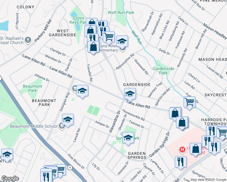 map of restaurants, bars, coffee shops, grocery stores, and more near 1013 Lane Allen Road in Lexington