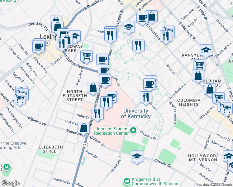 map of restaurants, bars, coffee shops, grocery stores, and more near in Lexington