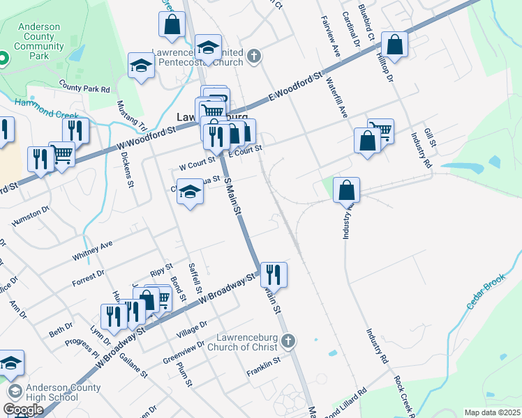 map of restaurants, bars, coffee shops, grocery stores, and more near 331 South Main Street in Lawrenceburg