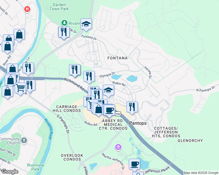 map of restaurants, bars, coffee shops, grocery stores, and more near 1995 Asheville Drive in Charlottesville